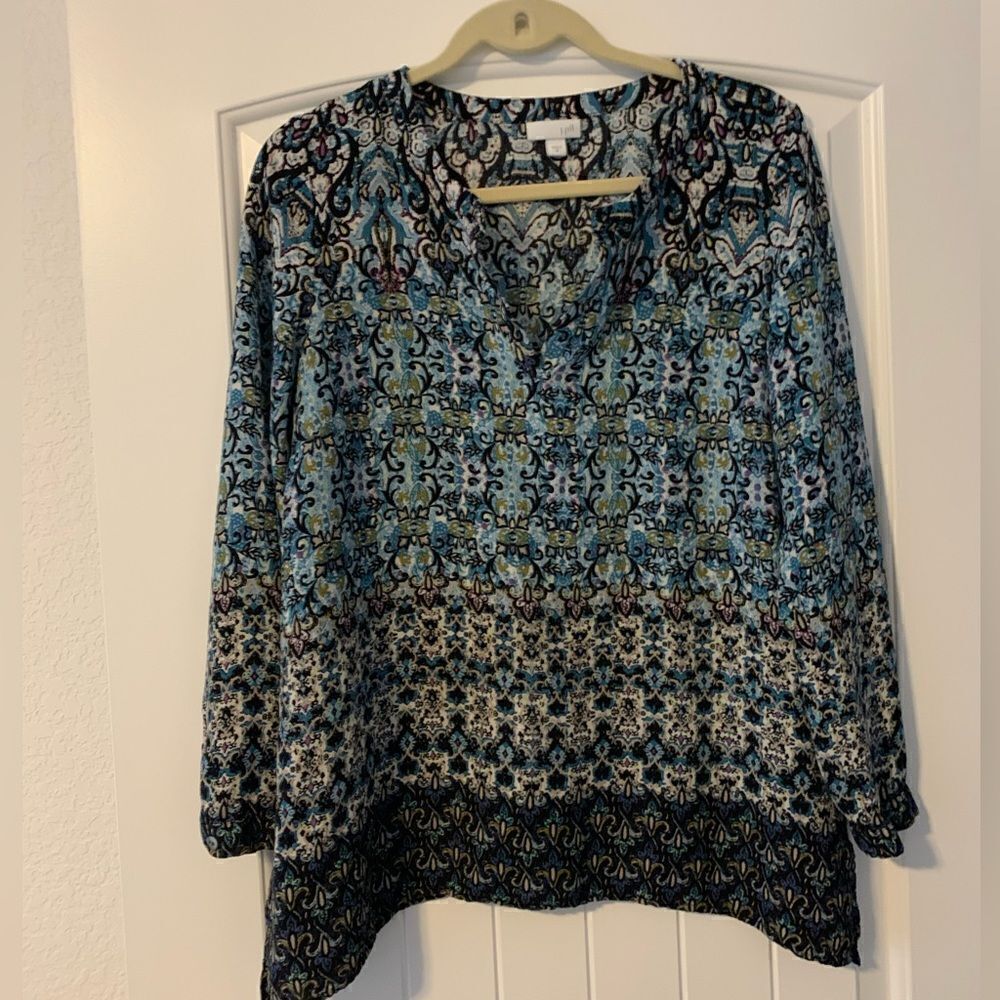 J. Jill Teal Blue and Black Printed V-Neck Blouse